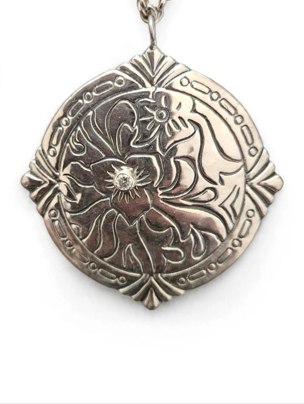 Silpada Silver Floral Medallion Necklace with Clear Stone